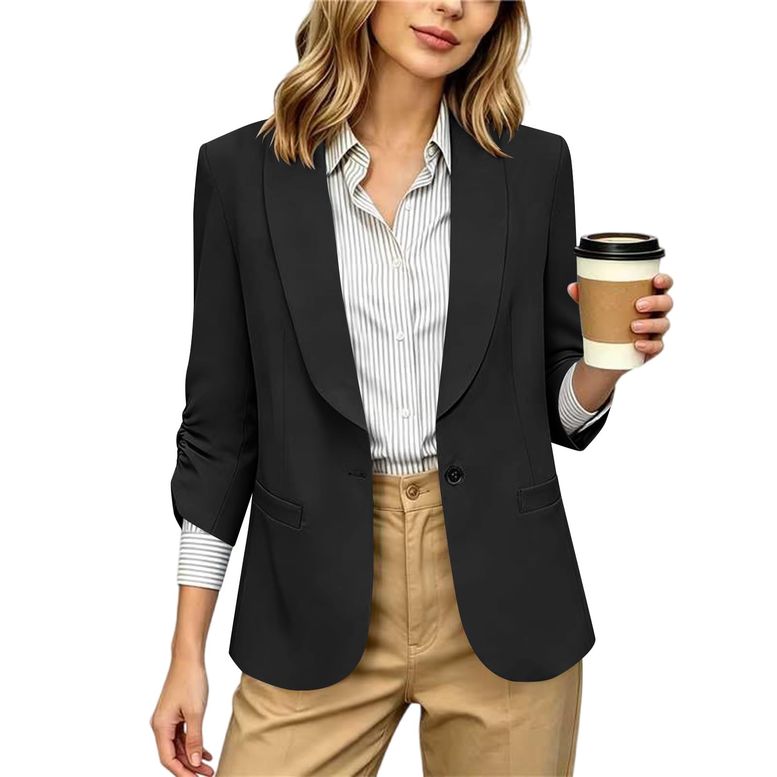 RLEHJN Damen Blazer,Lange Casual Open Front Gefütterte Blazer Arbeit Büro Jacken mit Taschen Sportlich Elegant Blazerjacke Casual Blazer Jacket Übergangsjacke Business Casual Outfits Für Die Arbeit