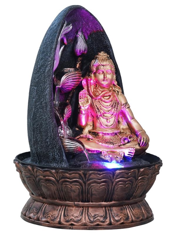 Image of Golden and Grey Polyresin Tabletop Lord Shiva Showing Mudra 3 Step Indoor Water Fountain for Home Decor with Multicolour LED Light & Control Pump (Size: 27 x 27 x 39CM | Wt: 2140Gram)