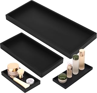 2Pcs Bathroom Vanity Tray Shatterproof Silicone Bathroom Tray Non-Slip Bathroom Rectangle Countertop Storage Organizer Space Saving Skincare Counter Organizer Kitchen Sink Tray Perfume Tray(black)