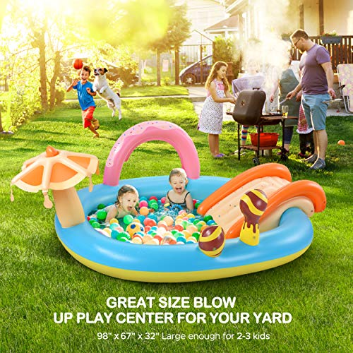 Inflatable Play Center, Kiddie Baby Pool, 98'' X 67'' X 32'', Kids Inflatable Pool With Slide For Garden, Backyard Water Park, Fountain Arch, Extra Thick, Easy Set Up For Ages 2+ Toddlers #TOP4