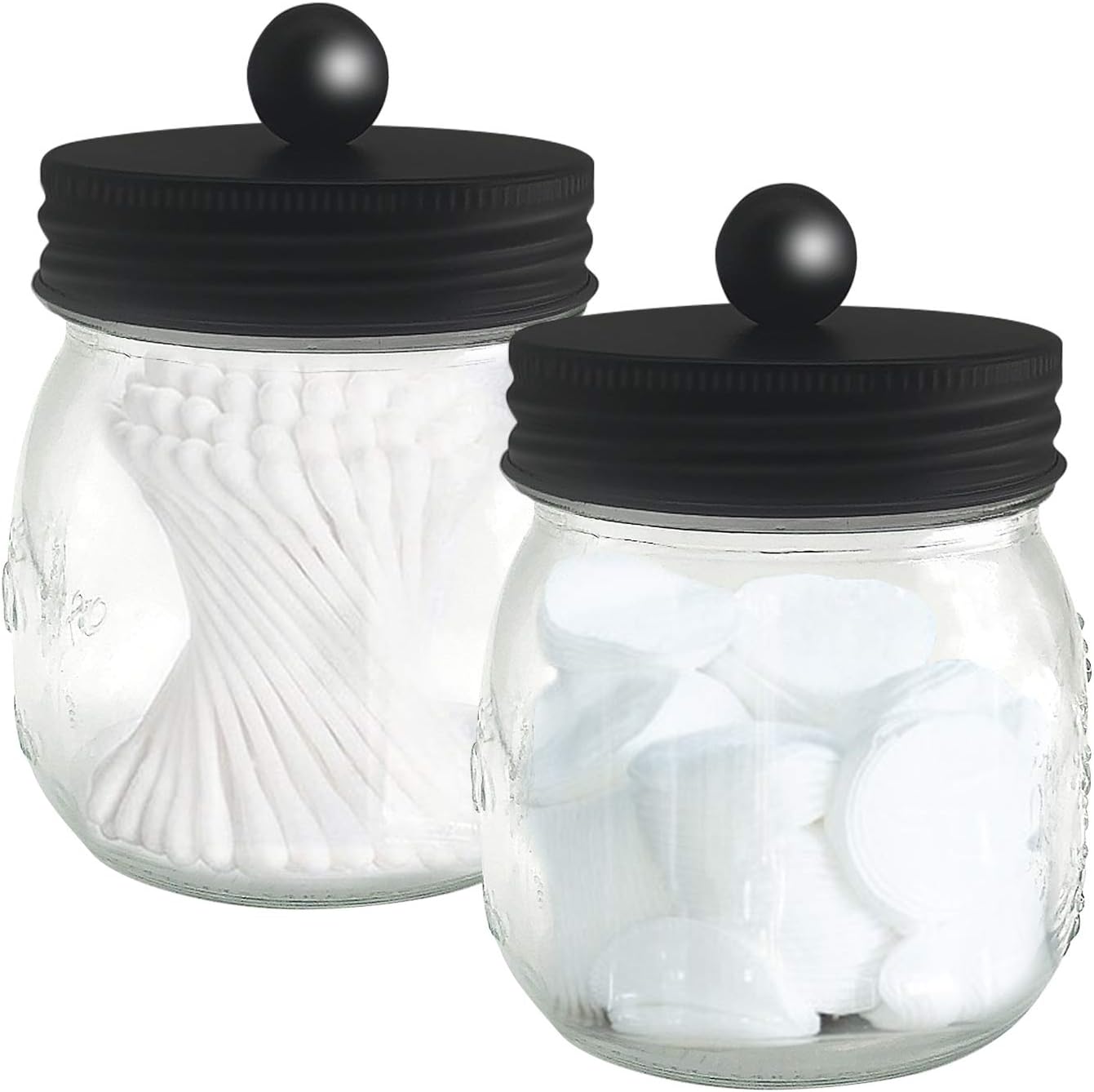 DICOBEE Bathroom Apothecary Jars,Vanity Storage Organizer Canister,for Cotton Swabs-Bath Salt-Rounds,Rustic Vanity Organizer with Black Stainless Steel Lids(2 Pack)