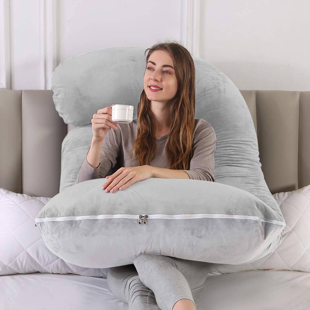 J-Shaped Full Body Pregnancy Pillow - 57" Maternity Support For Back, Hips, Legs & Neck, Removable Velvet Cover