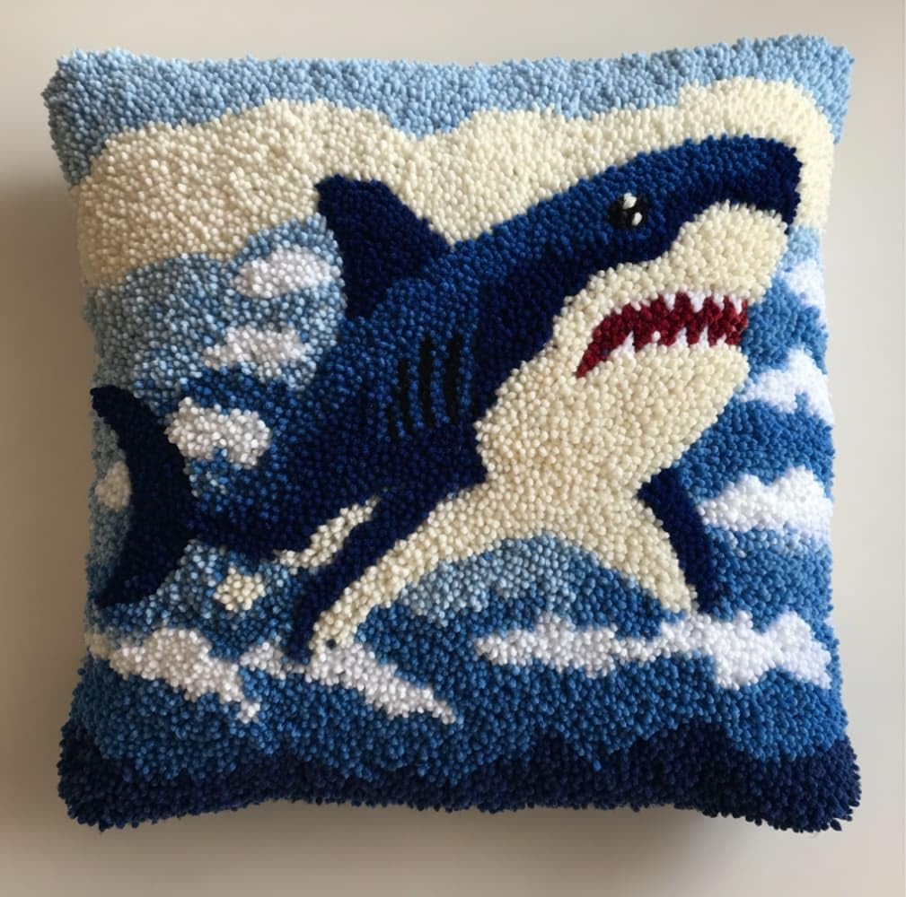 AxiangziK Latch Hook Kits for Adults,Animal Shark Latch Hook Pillow Kits,17x17in Crochet Yarn Kit for Beginners,DIY Needlework Crafts Cover Case with Printed Canvas