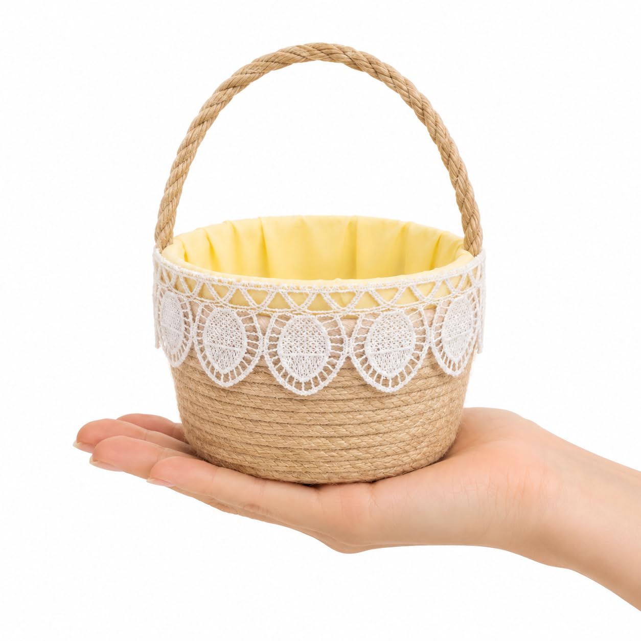 REGAL HOMEWARE Decorative Jute Rope Basket with Lace Lining, Beige, Round Modern Style, 10cm x 10cm x 6.5cm, Lightweight Storage with Handle for Home, Wedding, Gift Hampers, Pack of 2-image-23
