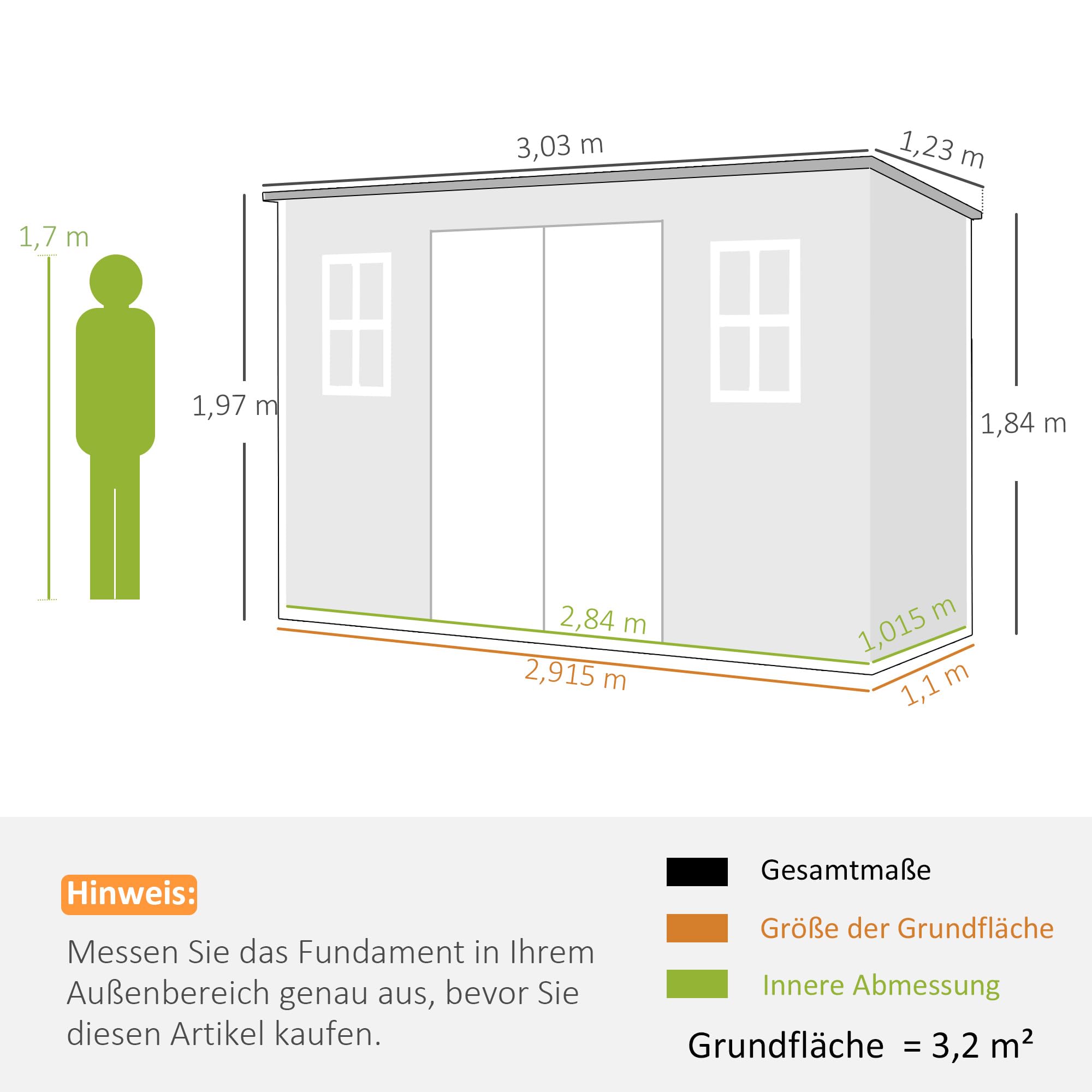 Outsunny Gerätehaus 3,2m², Geräteschuppen mit Pultdach, 303x123x197cm, Kunststoff Gartenschuppen mit Fenster Doppeltür Schloss Belüftungsöffnung Boden Holzoptik, Gartenhaus für Werkzeuge Grau