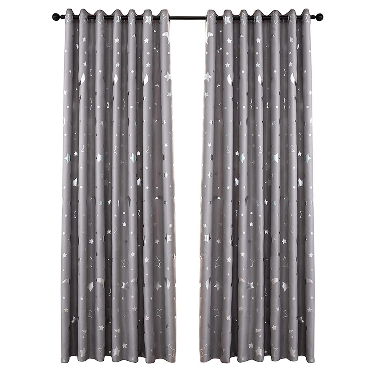 LOUJIN2pc Curtain with Hot Silver Star and Moon Full Blackout Bedroom Living Room Heat Insulation Light Blocking Curtain Fabric