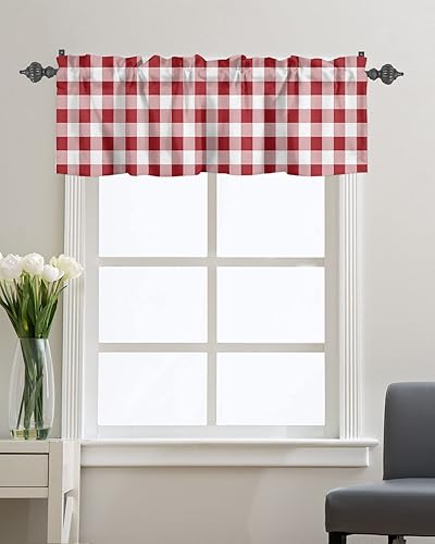 Cortina de cenefas de granja para cocina, cafetería, moderna cenefa de ventana a cuadros rojos y blancos, cortinas cortas de 42 x 12 pulgadas con