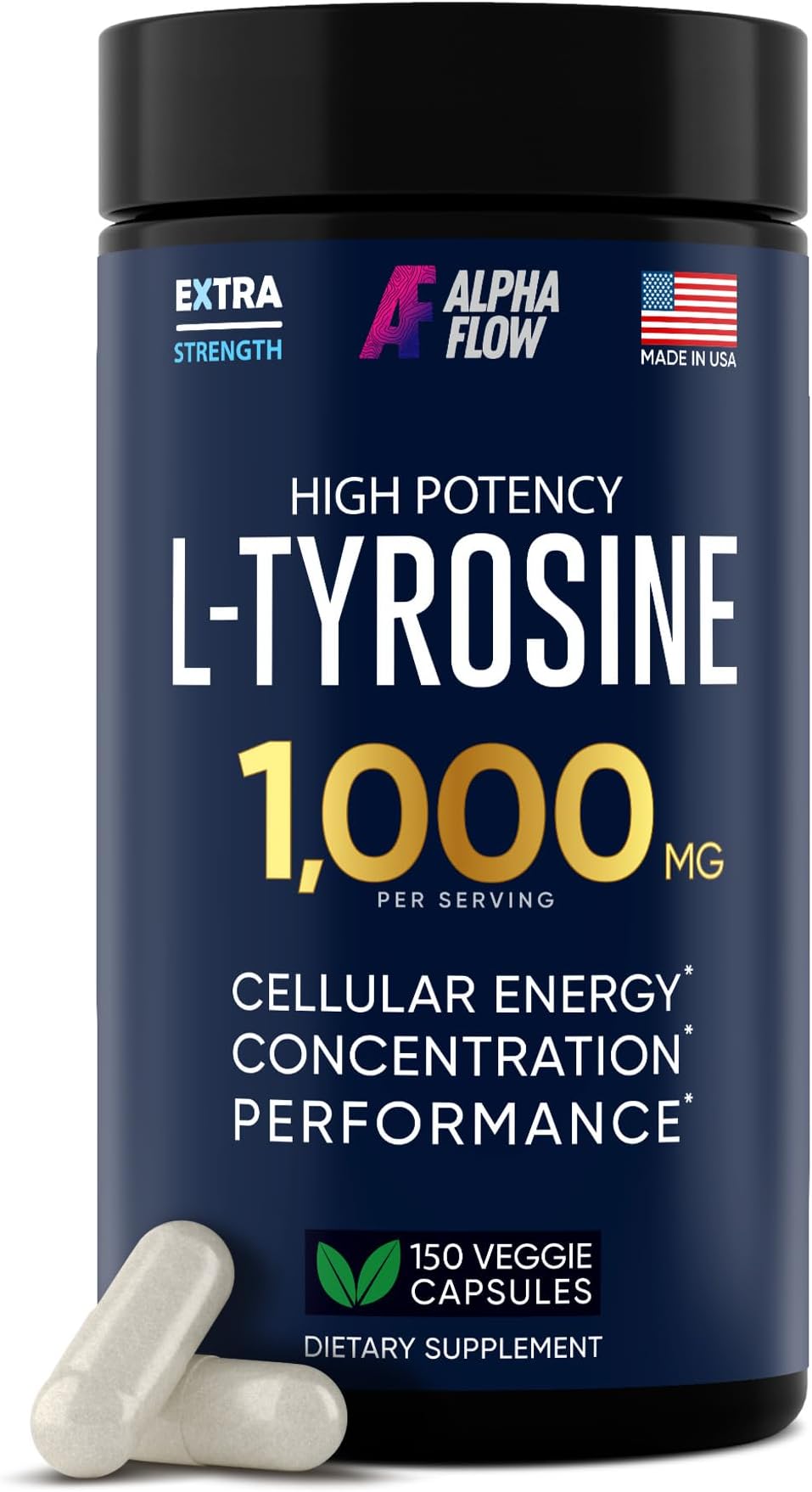 Alpha Flow L Tyrosine 1000MG Capsules - All-Natural L- Tyrosine Supplement for Focus & Energy Boost - Non-GMO & Gluten-Free - Vegan 150 Caps -500mg x 2 per Serving