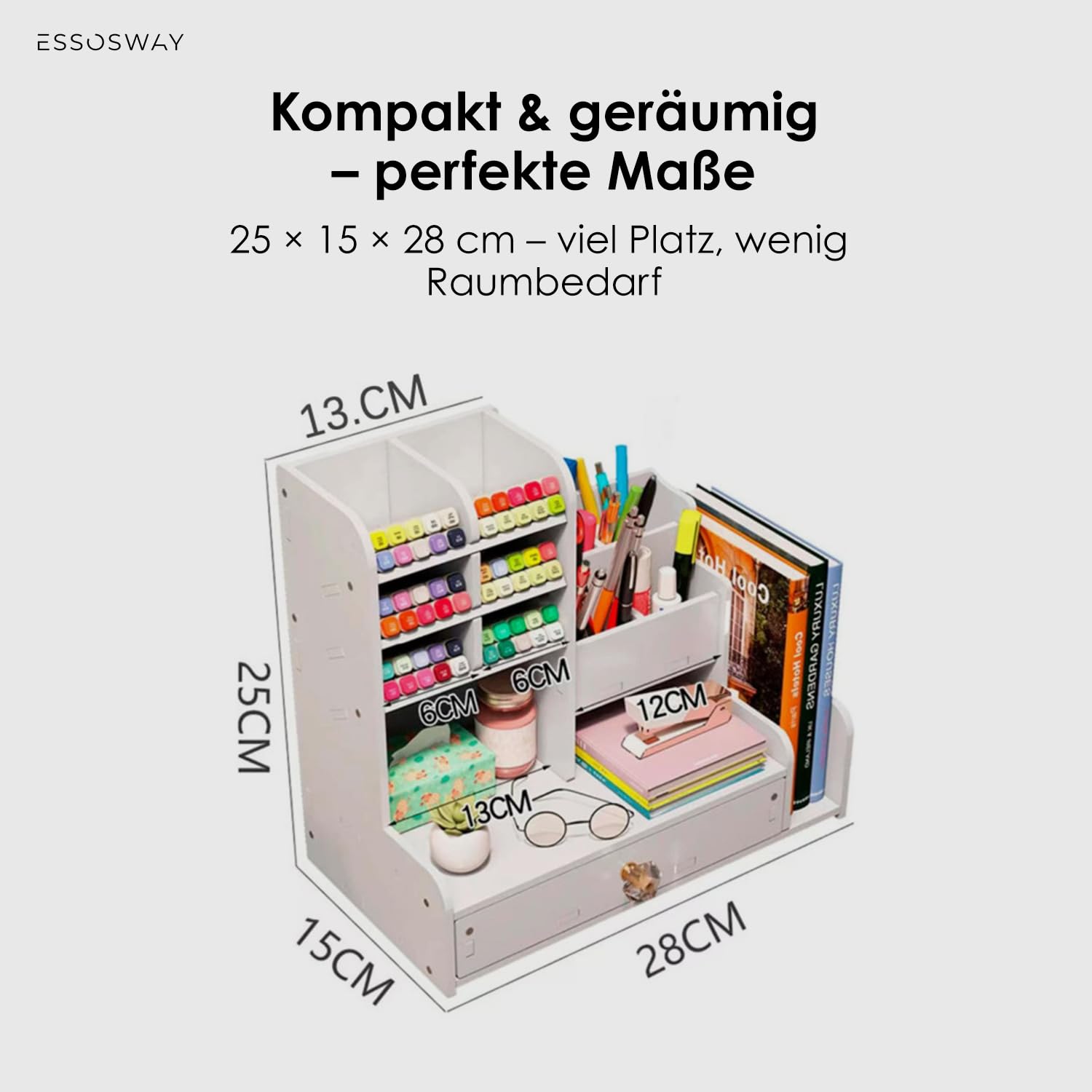 Schreibtisch Organizer - mit Stiftehalter - 14 Sortierfächer und Schublade - Büro Home Office Schule Zubehör - Weiß