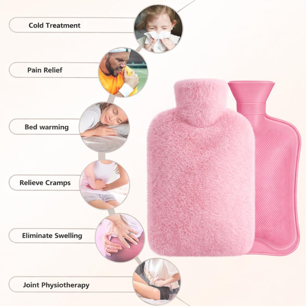 HARIHUB Hot Water Bag with Soft Plush Cover 2-Litre Medical-Grade Leakproof Heating Pad for Cramps, Back Pain & Muscle Relief Hot & Cold Therapy for Menstrual Care, Neck, Shoulders & Full Body Warmth (Pink) 1