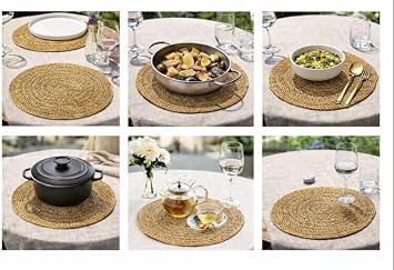 Natural Rattan Round Placemats, 35cm Woven Wicker Table Mats, Rustic Boho Style Dining Chargers for Table Protection, Set of 6 Natural