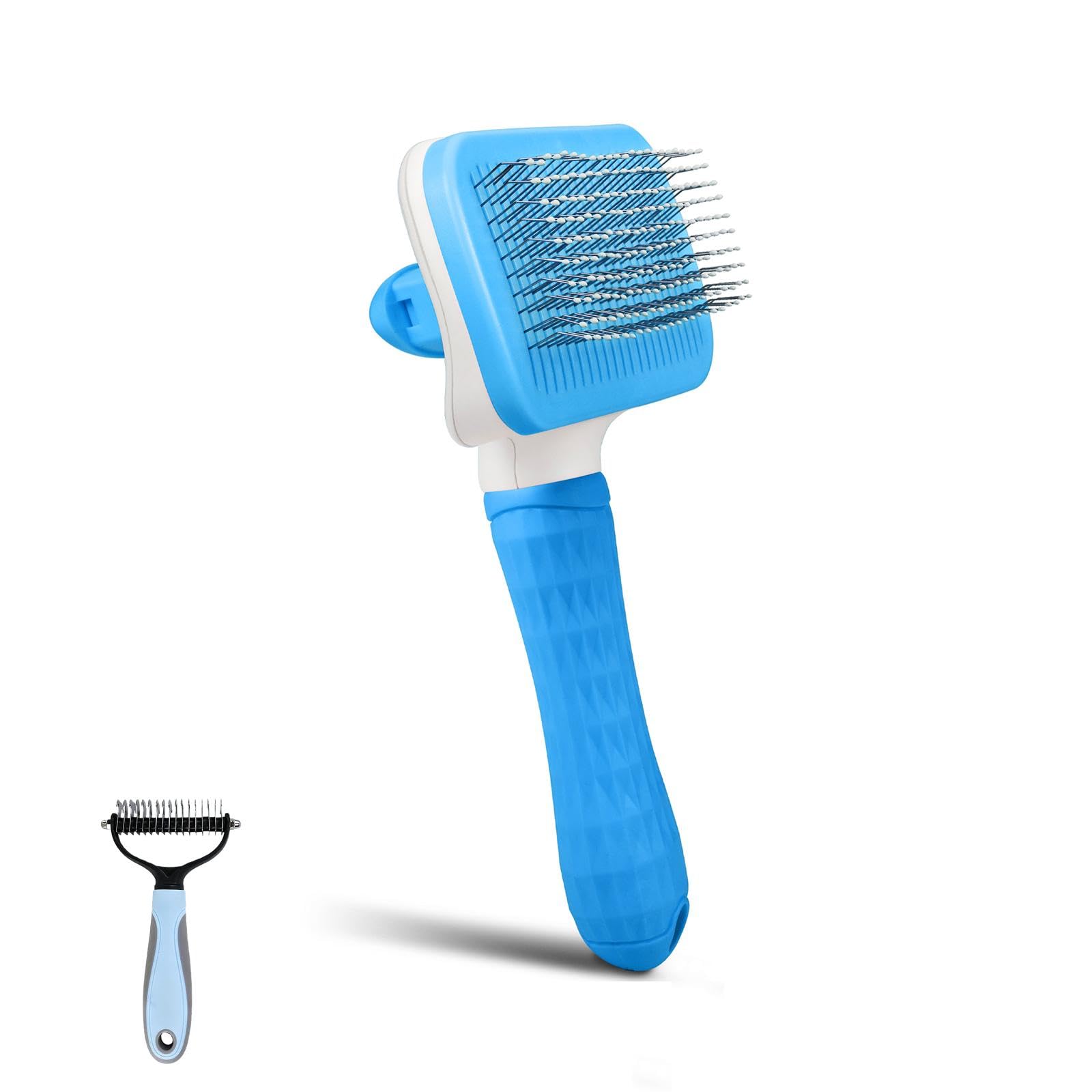 PWOD Dog & Cat Brush Kit 2PCS, Self Cleaning Slicker Brush for Pets, Dog Brush for Shedding Massaging and Grooming, Removes Loose Undercoat & Portable Comb for Long Short Haired Dogs(Blue)