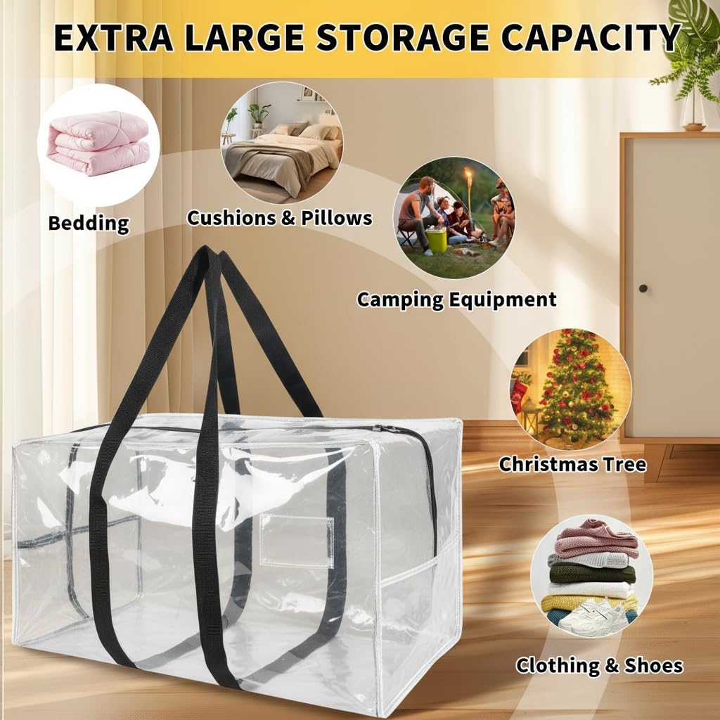 Heavy Duty Extra Large Moving Bags,176 Gallon Jumbo Packing Bags,Huge Moving Storage Bags with Strong Zippers & Carrying Handles,Reusable Big Moving Storage Bags for College Dorm Travel 2Pack,Clear