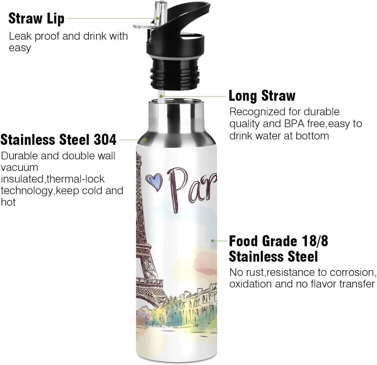 AUUXVA Sports Water Bottles Vintage France Paris Eiffel Tower Vacuum Insulated Stainless Steel Water Bottle with Straw Lid for Travel Fitness Outdoor Sports Gym, 20 oz