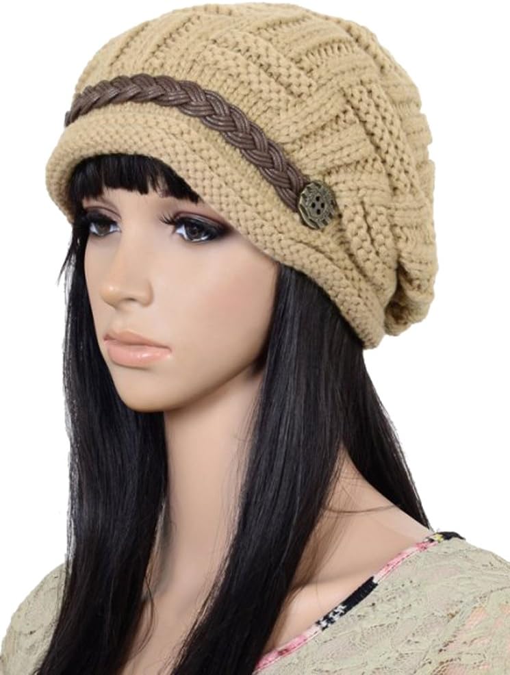 Women Winter Warm Slub Knit Snow Beanie Hat Crochet Ski Cap Khaki