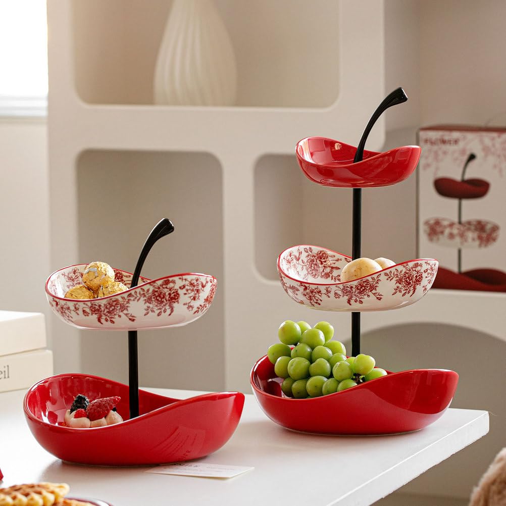 2-poziomowe ceramiczne miski na owoce na blat kuchenny z metalowym stojakiem, porcelanowy kosz na przekąski na warzywa, orzechy, chleb, cukierki, deser i tacę na ciasto