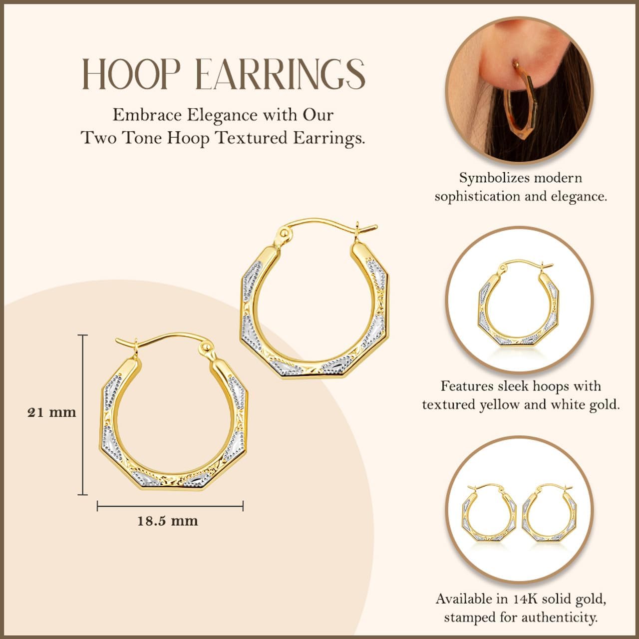 Gold Textured Hoop Earrings for Women | 10K or 14K Two-Tone White and Yellow Gold