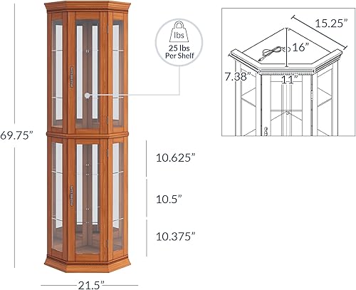 Miniatura 2 de BELLEZE Vitrina Curio con iluminación de 3 lados, puerta de vidrio templado y estantes, gabinete de esquina de madera con bombilla, estante