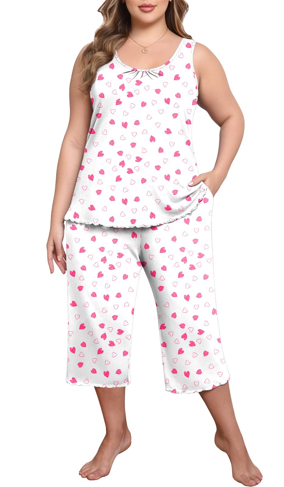 Women's Plus Size Pajama Set 2 Piece Sleepwear Soft Cozy Sleeveless Knit Tank Top Capri Pants Lounge PJs with Pockets