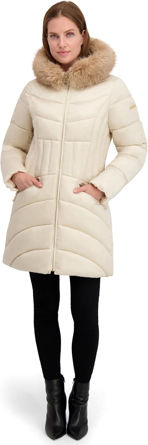 Laundry by Shelli Segal Women's Women’s Shine Marshmallow Puffer Coat –winter Jacket With Faux Fur Hood - Image 4