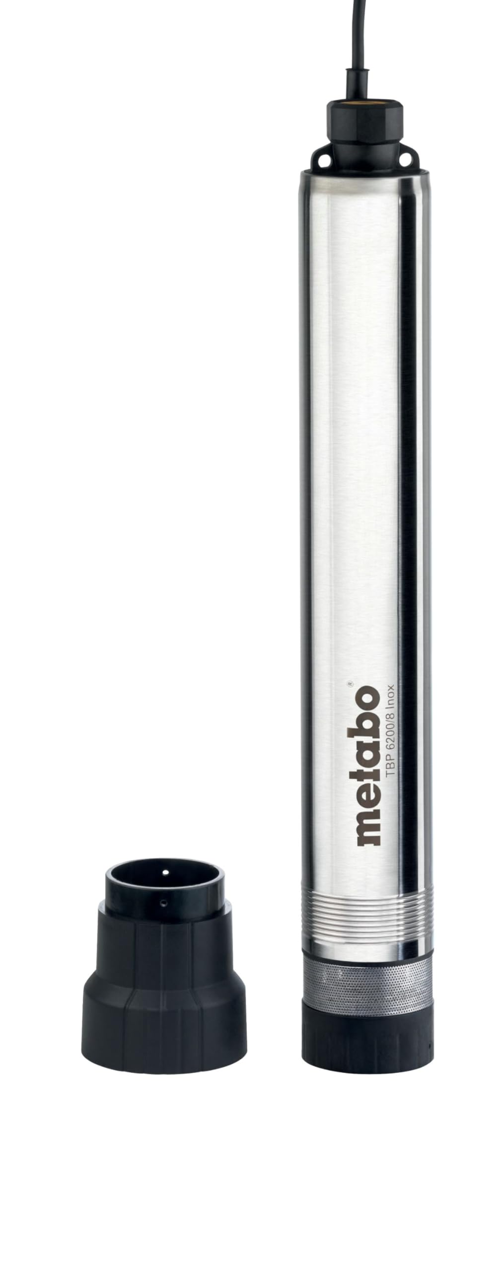 A person in work clothes is lowering the Metabo TBP 6200/8 INOX submersible pump into a well opening in a grassy lawn.