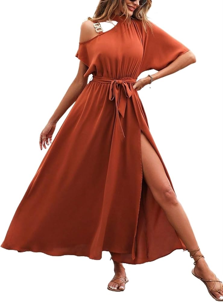 navy blue dress for baby girl GLIGET Womens Summer Dresses Asymmetrical Neck Split Thigh Belted Long A-Line  Dress (Color : Orange, Size : X-Small) at Amazon Women's Clothing store