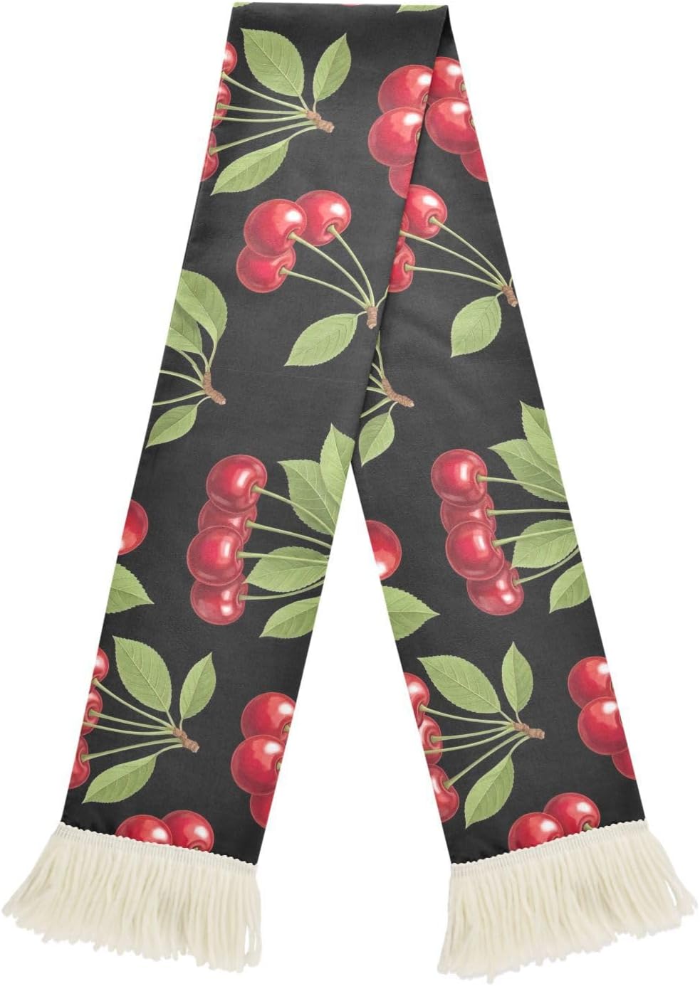 CHIFIGNO Red Cherries Green Leaves Black Sports Fan Scarf Towel, Soft Absorbent Quick Dry Polyester Cheering Scarf for Soccer Fans