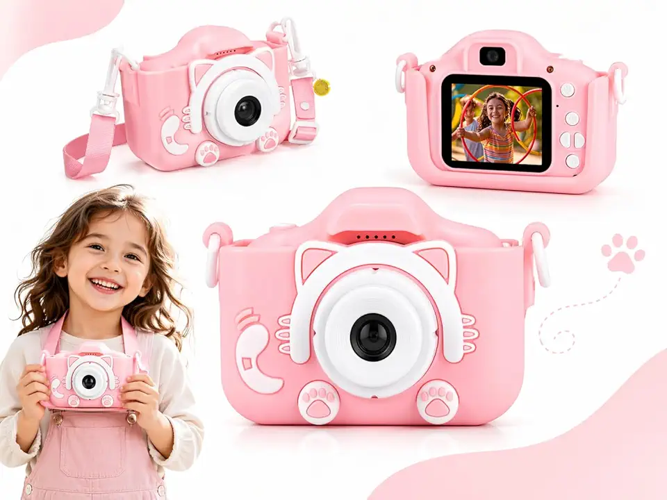 Câmera Infantil HD para Meninos e Meninas – Fotos e Vídeos, Tela LCD 2”, Jogos, Filtros e Bateria Recarregável - Rosa