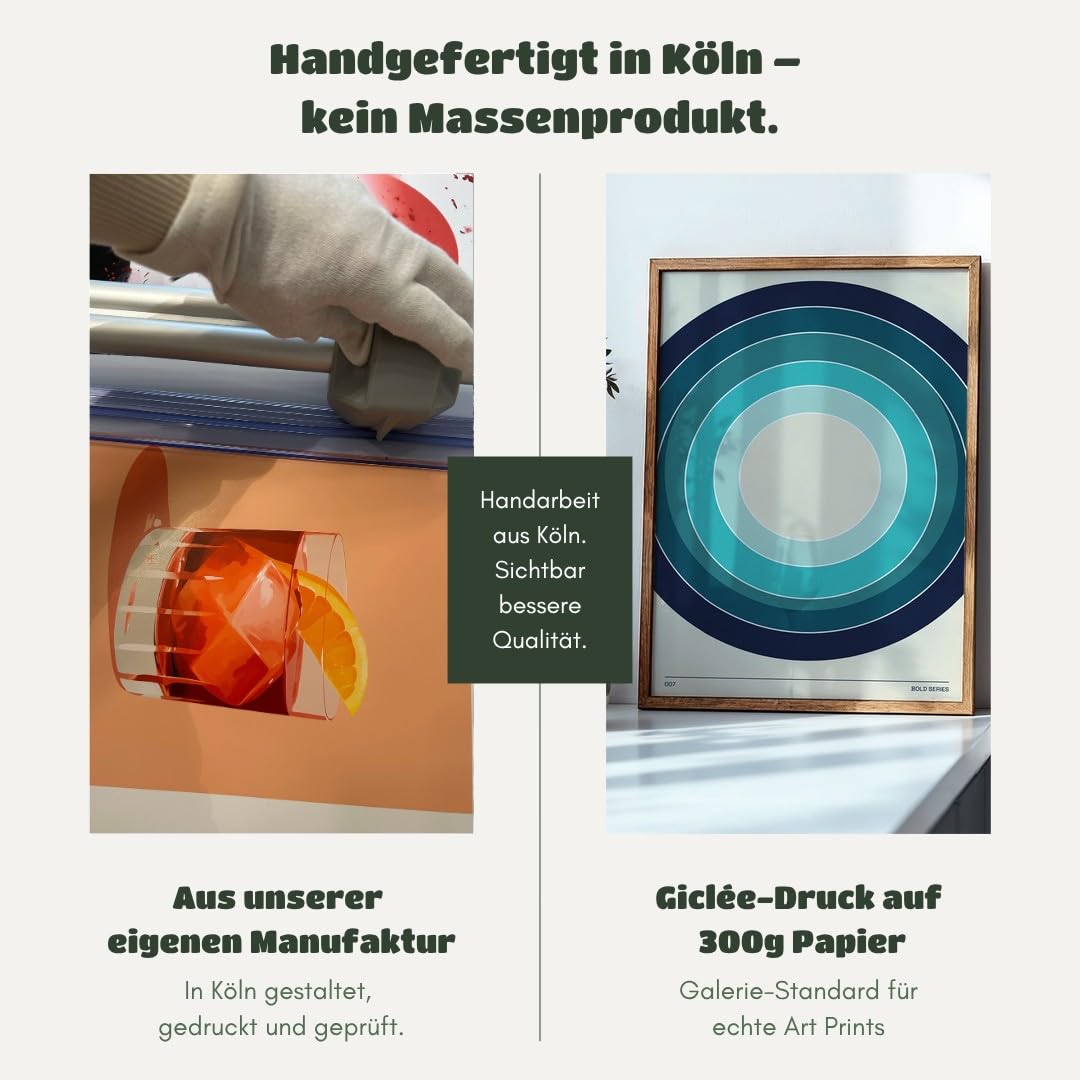 MJ-GRAPHICS® Poster Kreise Kunstdruck geometrisch Wandbild Blau Türkis Deko Wohnzimmer Entspannung Harmonisch Beruhigend Kunst druck Modernes Design Dekoration A2 mit schwarzem Rahmen