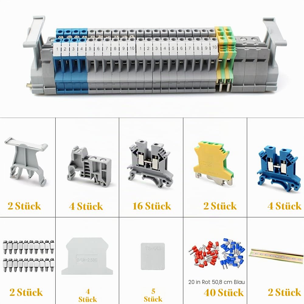 Durchgangsklemme Kit UK 2,5 Klemmen-Kit Klemmleiste Kit Geeignet für Automatisierungsprojekte, Garage, DIY-Projekte