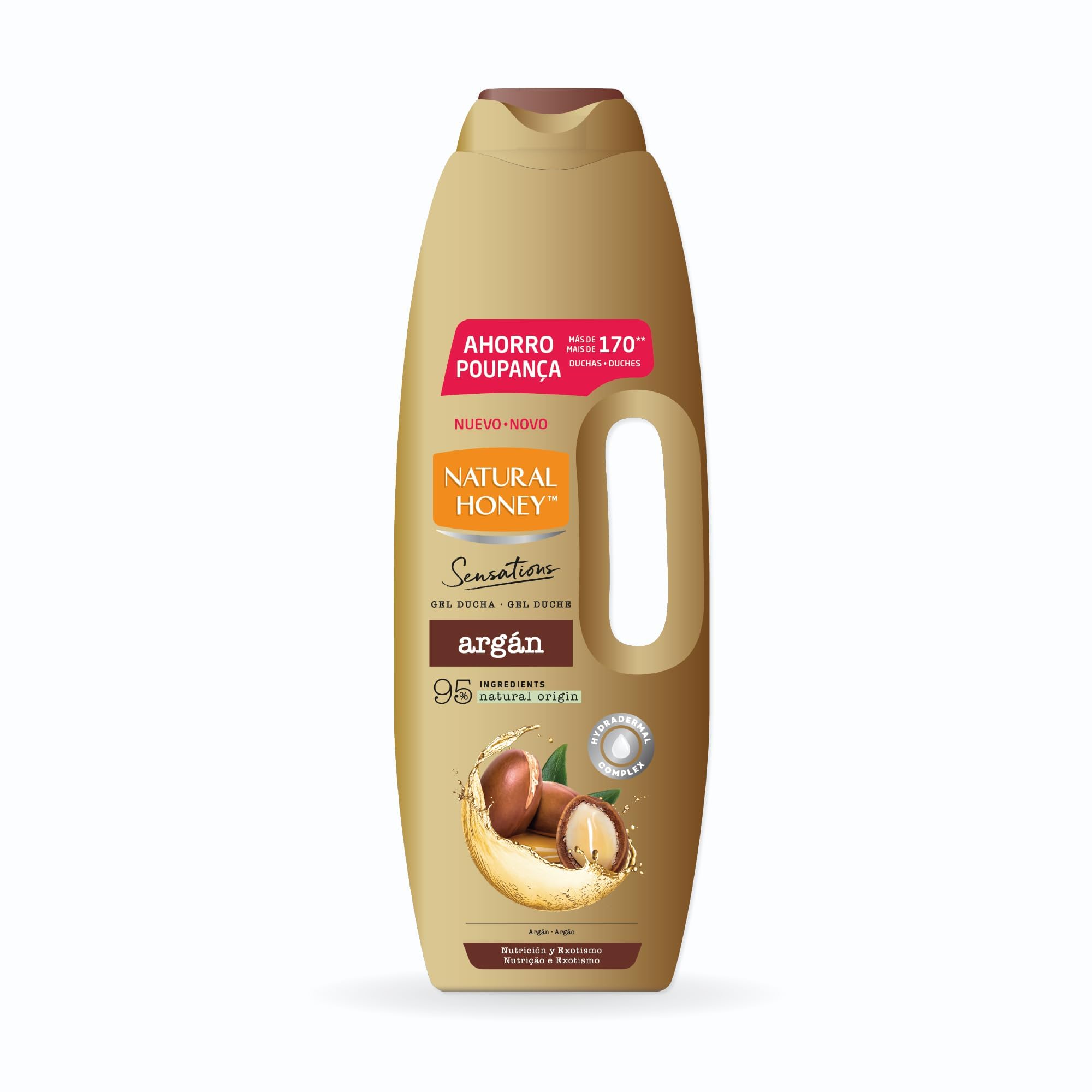 Natural Honey, Gel de Ducha con Extracto de Argán Nutritivo y Reafirmante, con Hydradermal Complex para una Piel Sedosa e Hidratada, Ingredientes de Origen Natural, Línea Sensations, 1350 ml