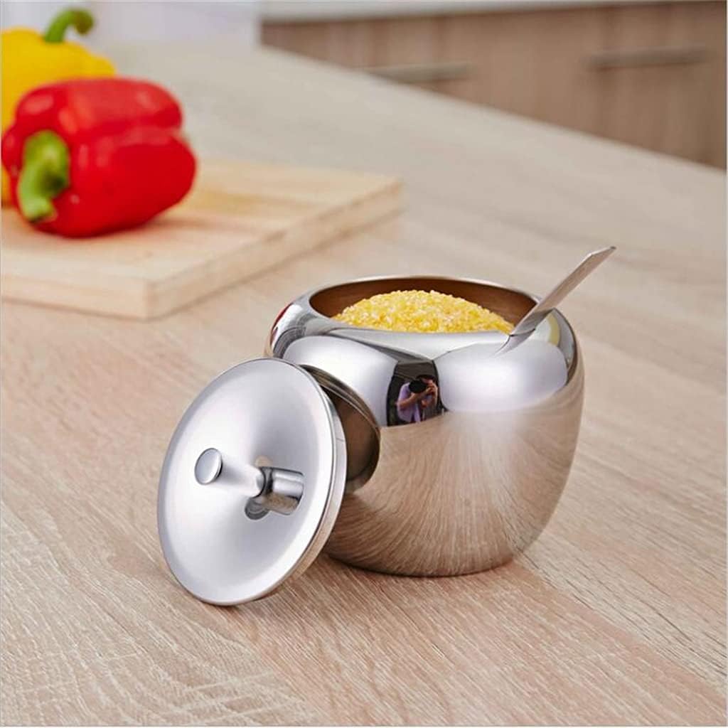 Stainless Steel Sugar Bowl Seasoning Jar Condiment Pot Spice Container Canister Cruet with Lid and Spoon