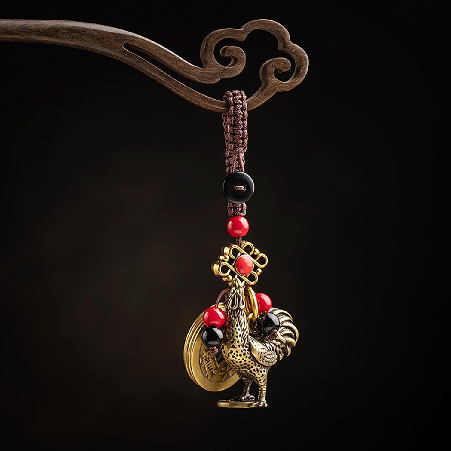 Brass Chinese Zodiac Rooster Statue Keychain with 5 Feng Shui Coins, Zodiac Animal Charm Lucky Rooster Key Ring image 4