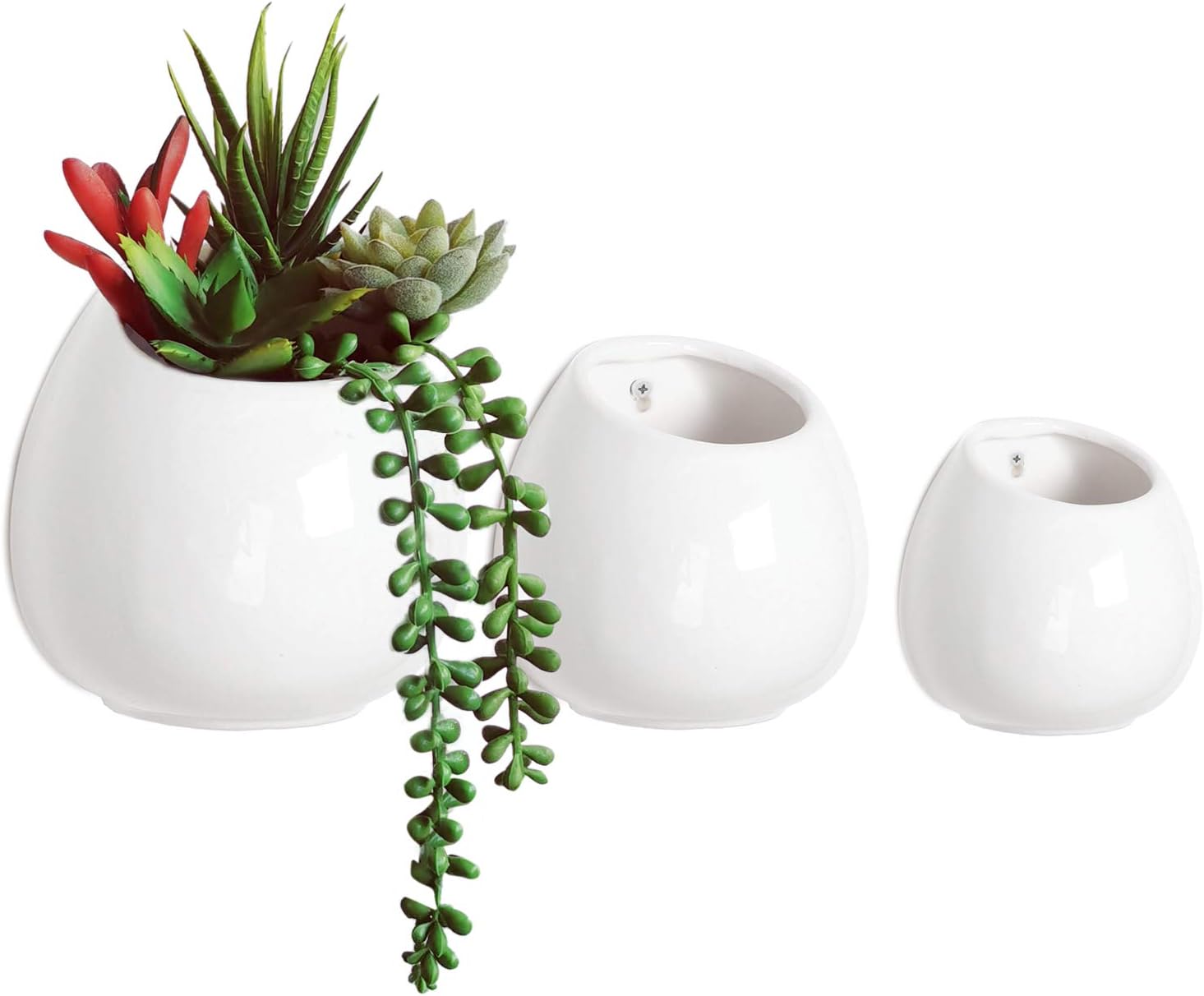Nattol Wall Mounted White Ceramic Flower Planter, Hanging Succulent Planter in 3 Sizes, Small to Medium, Set of 3