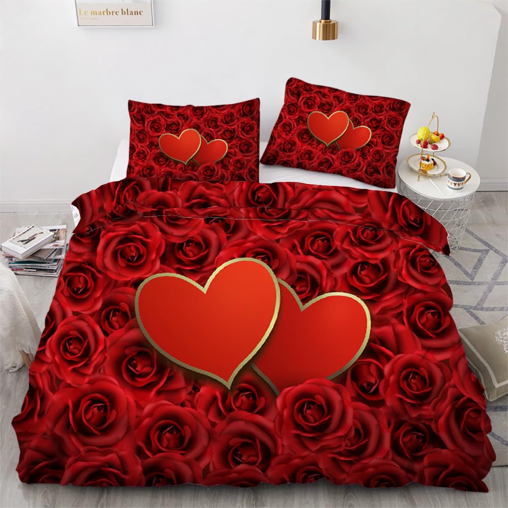 MARBRE 3D Love Single Duvet Cover Set 135x200cm 2 piece Soft Microfiber Reversible Bedding Set Rose Romance Comforter Cover with Zipper Closure Quilt Cover with Pillowcase 50x75cm(Image 8-20) — image 1