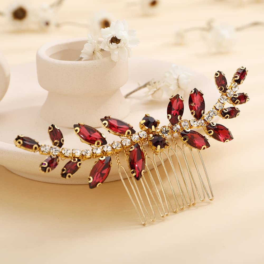 Teyglen Crystal Wedding Hair Comb with Red Rhinestones - Dainty Side Comb for Brides in Black, Blue, Green, and Wine Red - Image 2