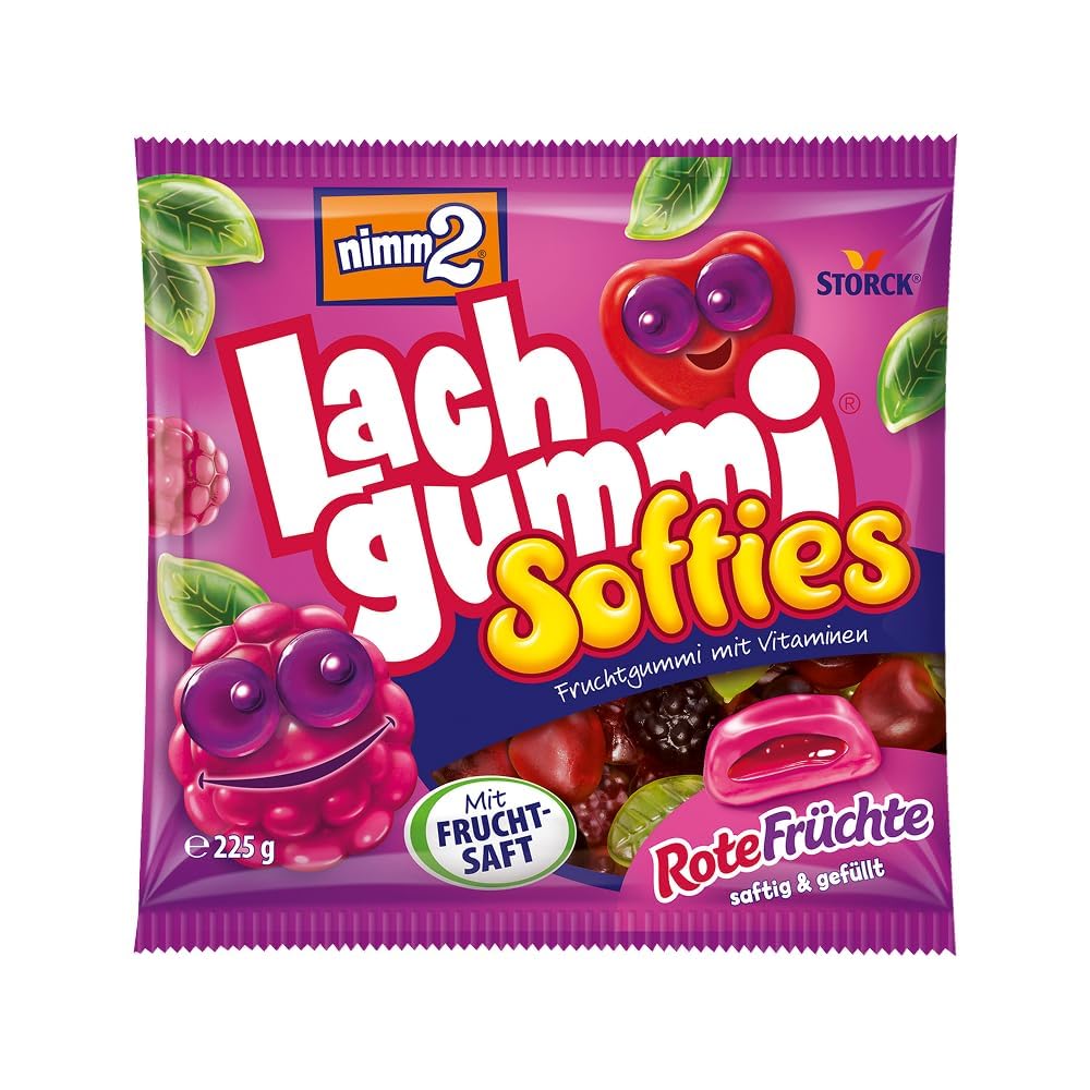nimm2 Lachgummi Softies Rote Früchte – 1 x 225 g – Gefülltes Fruchtgummi mit Fruchtsaft und Vitaminen – Süßigkeit in sechs Geschmacksrichtungen
