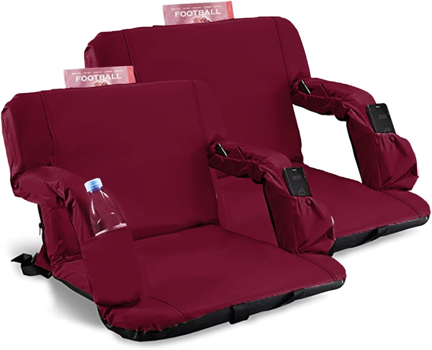 Stadium Seats for Bleachers with Back Support and Thick Padded Cushion,24" Extra Wide Portable Reclining Folding Chair with Optional Arms, 4 Pockets and Shoulder Straps,Big Size,Burgundy,2PCS