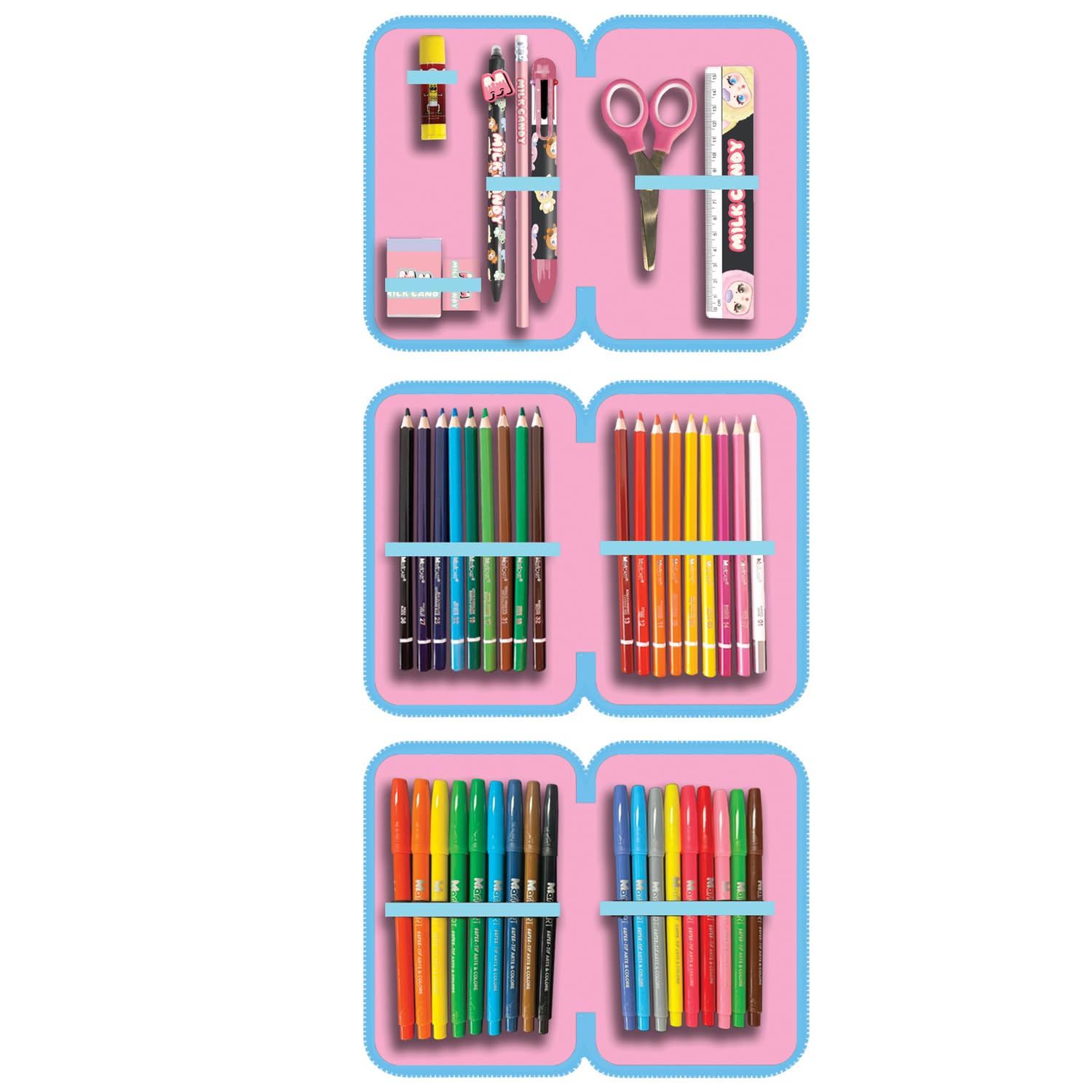 Trousse à trois compartiments pour enfant ou fille d'école primaire, trousse complète de 44 pièces à trois fermetures éclair avec porte-stylo, Pastel au lait, 12 x 6 x 19,5 cm, Trousse