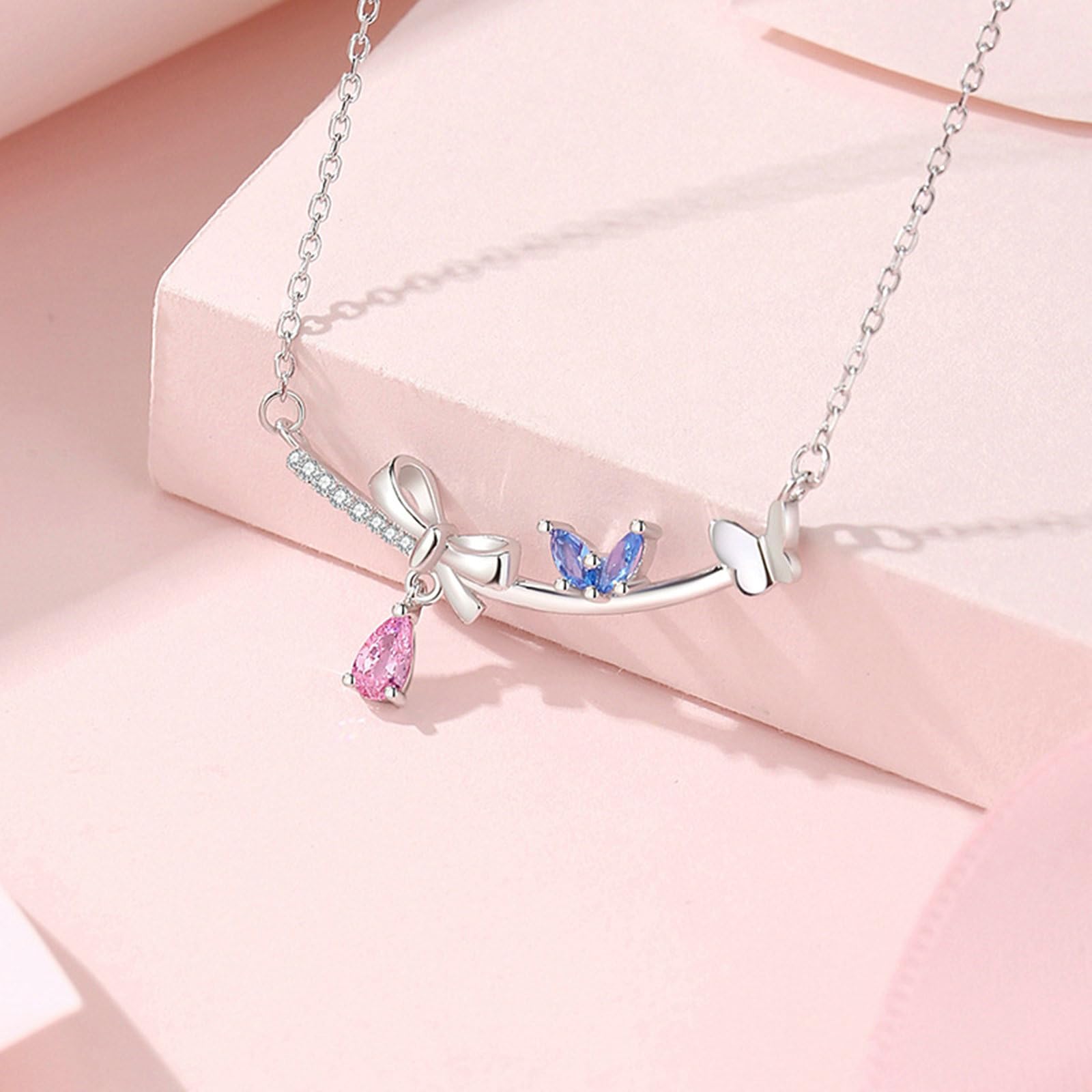 Collana in Oro 9/14/18 Kt Donna, Fiocco Farfalla con Sintetico Rosa Zaffiro e Topazio Moissanite Collana Ciondolo 375/585/750 Oro Bianco, 40+5cm