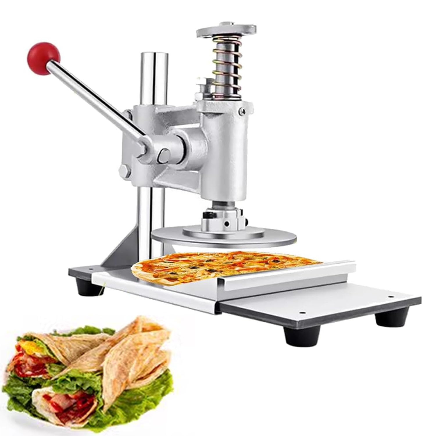 COYEUX Manuelle Pizzateigpresse, mit 16 cm runder Edelstahlplatte, ausziehbarem Tablett, Einstellbarer Dicke, für Chapati-Blätter und Tortilla