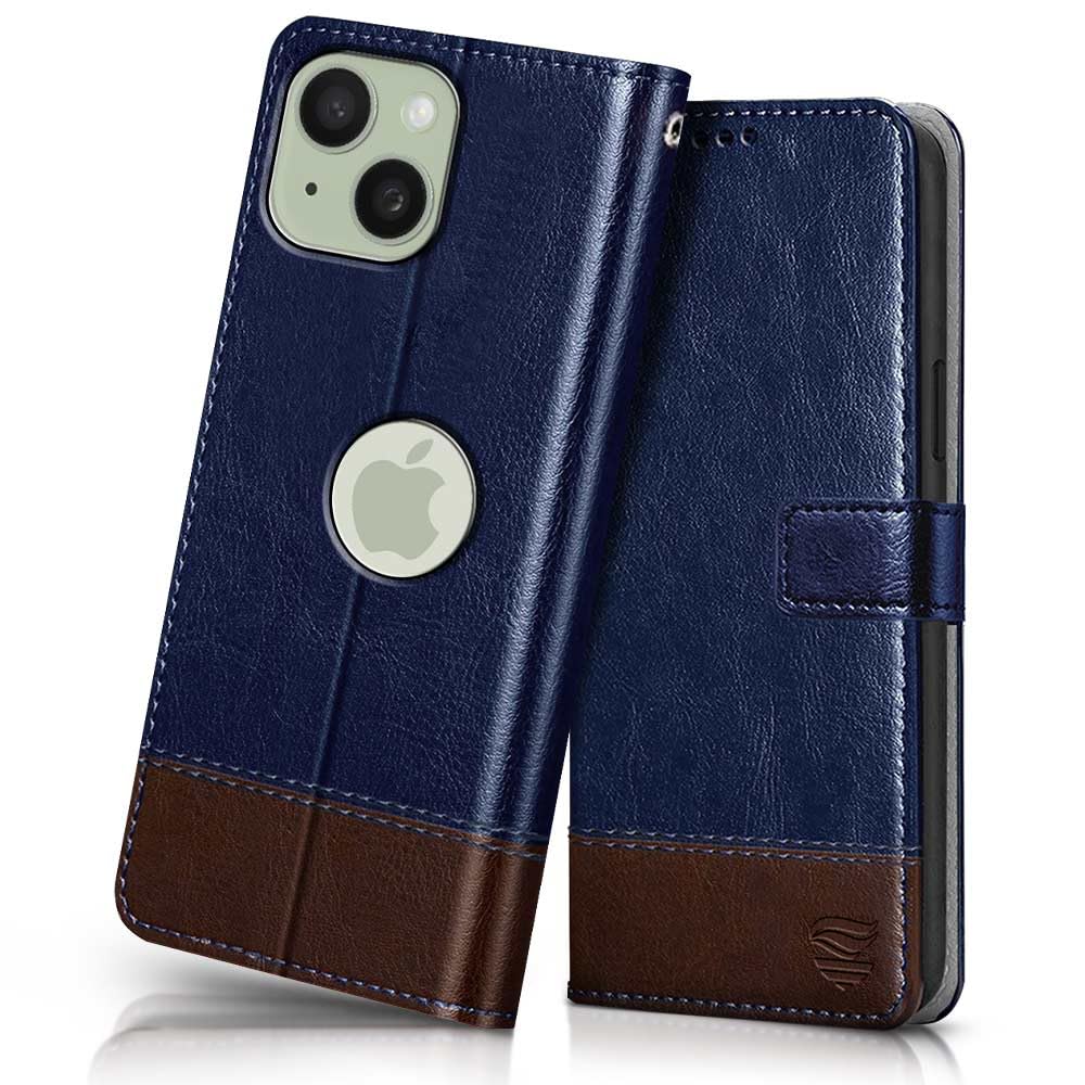 FLIPPED Vegan Leather Flip Case Back Cover for Apple iPhone 15 (Flexible, Shock Proof | Hand Stitched Leather Finish | Card Pockets Wallet & Stand | Blue with Brown)