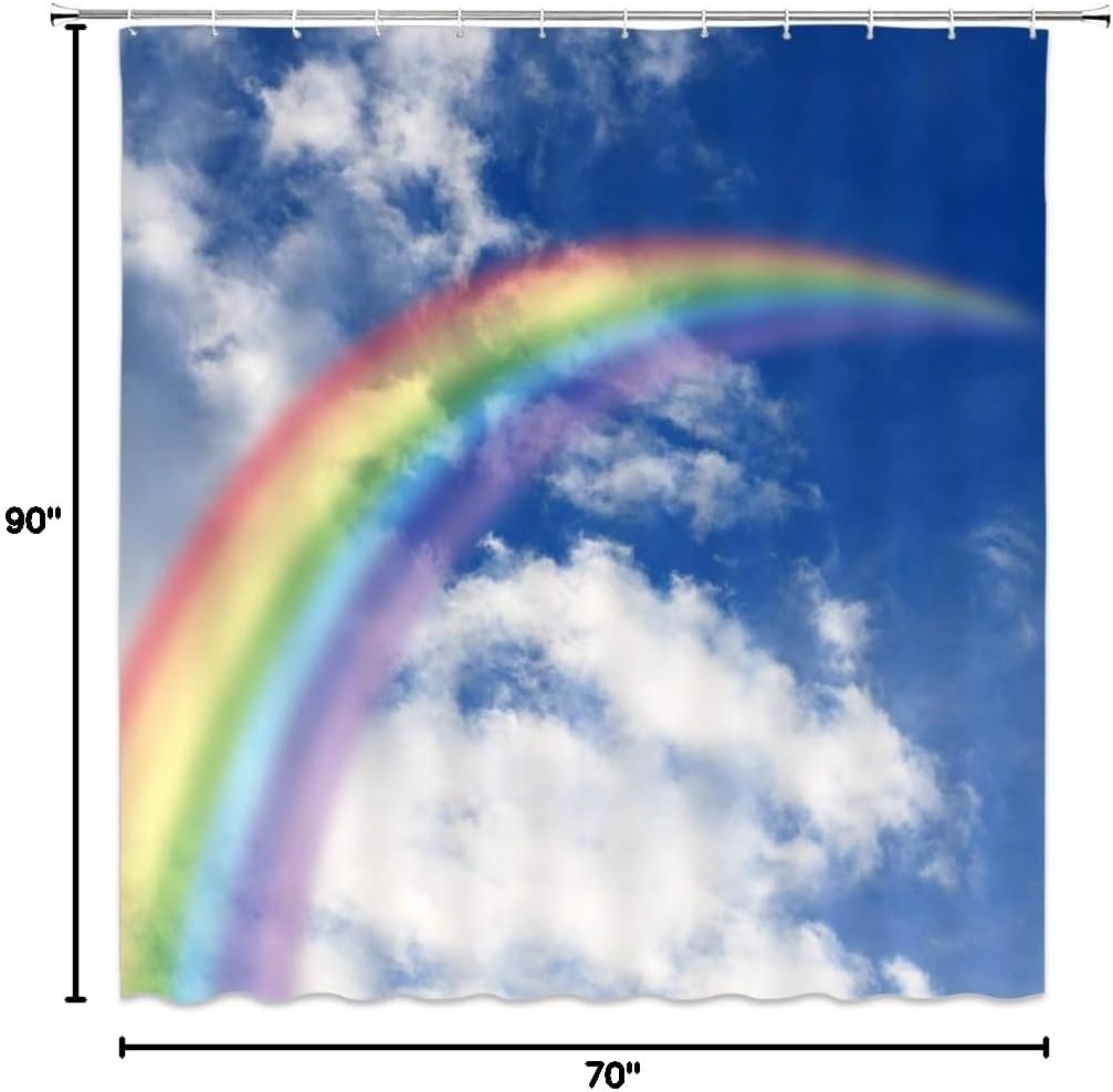Rainbow Shower Curtain Decor Blue Sky White Cloud Landscape Bathroom Curtain Polyester Curtains Decor 70×90 in with Hook