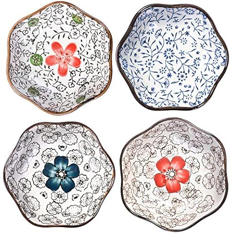 Japanese Style Soy Sauce Dishes set of 4, Ceramic 4-inch Plum Flower Dishe Serving for Dumpling, Side Dish, Sushi (4) Cover