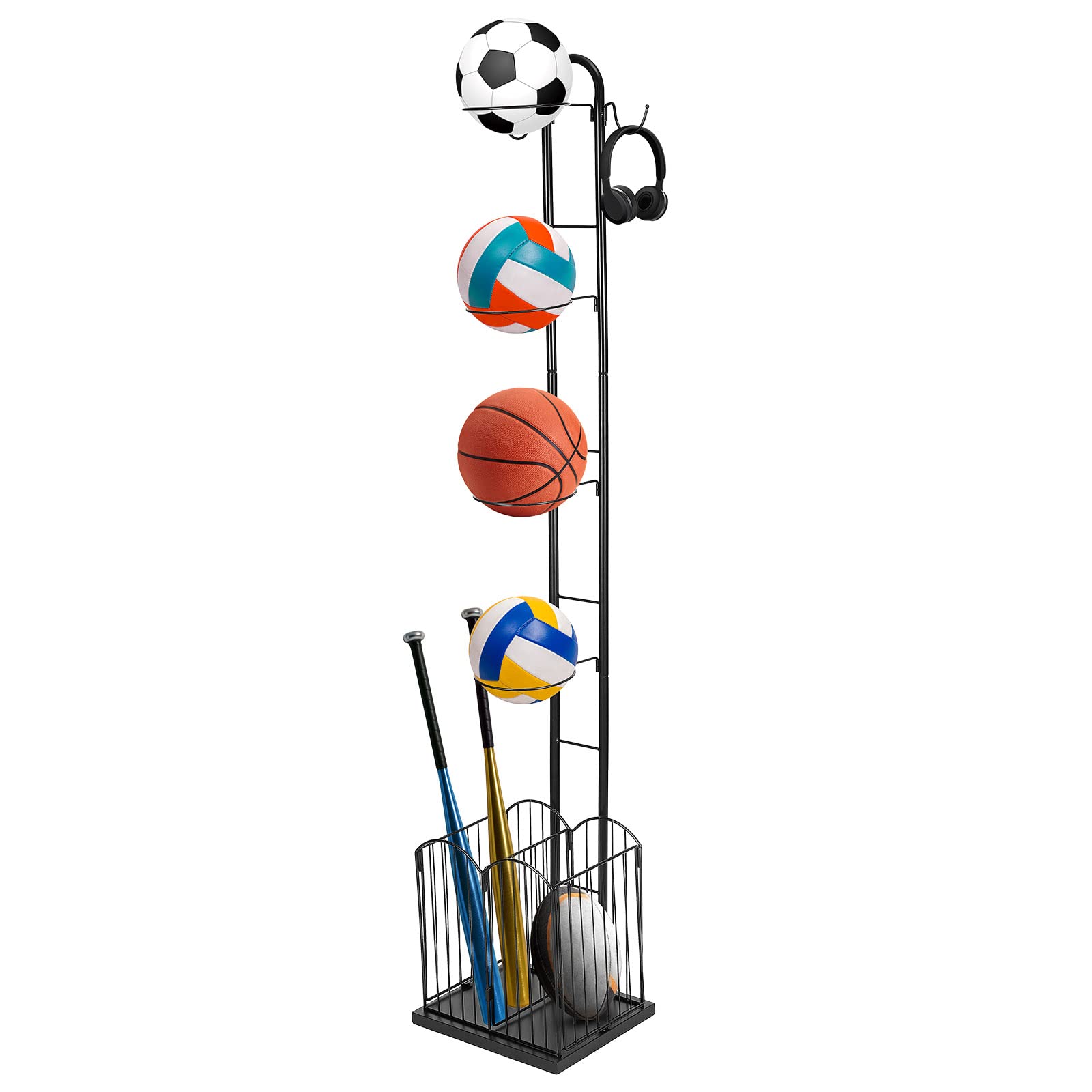 sourcing map Baloncesto Estabte, 5 Nivel Deportes Equipo Almacenamiento Organizador con Cesta y Ganchos Adecuado para Voleibol Fútbol Baloncesto Bádminton, Negro
