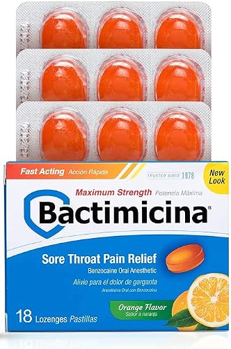 Bactimicina Sore Throat Lozenges Maximum Strength, Orange Flavor, Oral Analgesic with Benzocaine for Fast Action Relief, 18 Count