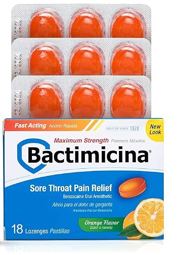 Bactimicina Sore Throat Lozenges Maximum Strength, Orange Flavor, Oral Analgesic With Benzocaine For Fast Action Relief, 18 Count #TOP15