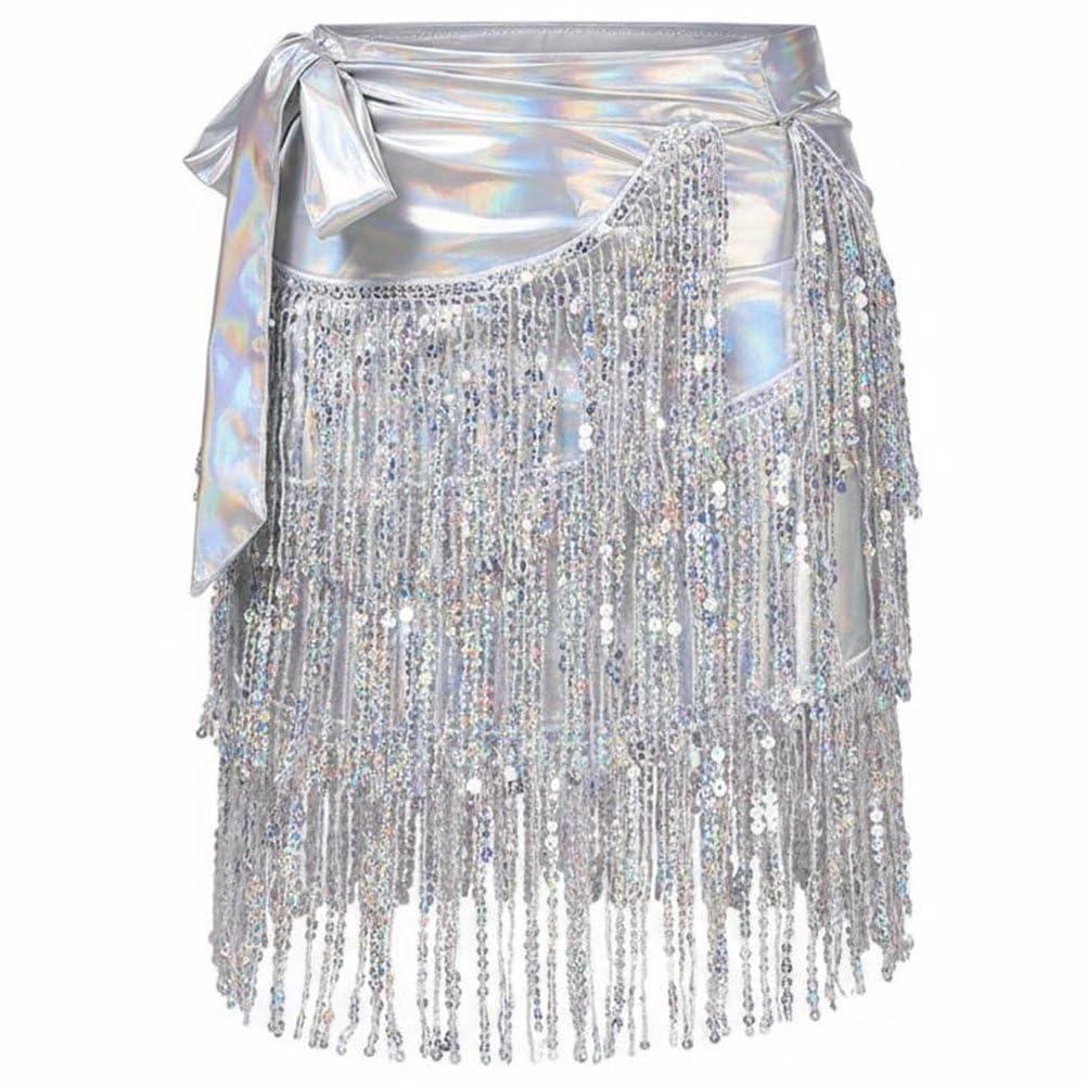 Sslvya Belly Dance Hip Scarf Sequin Tassel Skirt Wrap Sparkly Sequin Fringe Wrap Skirts Rave Costume for Women