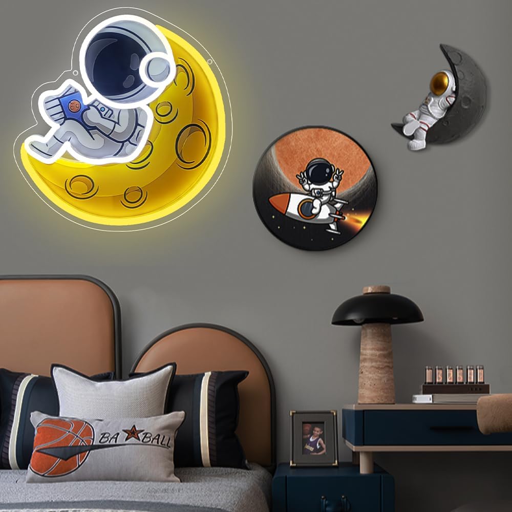 Astronaut Reading on Moon Neon Sign, Dreamy Wall Decor for Room Bedroom LED Light Space Theme Bar Sign Energy Saving Unique Gift for Space Lovers(11.8"*11.6")