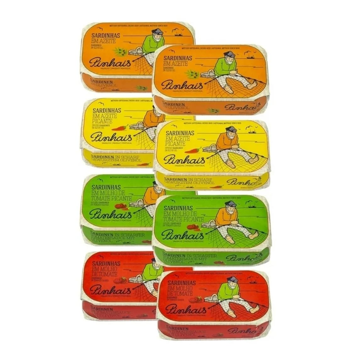 Pinhais Portuguese Wild-Caught Sardines Variety Pack 8 Cans Gourmet Sardines in Olive Oil & Tomato Sauce Hand-Packed Artisan Seafood Snacks Product of Portugal